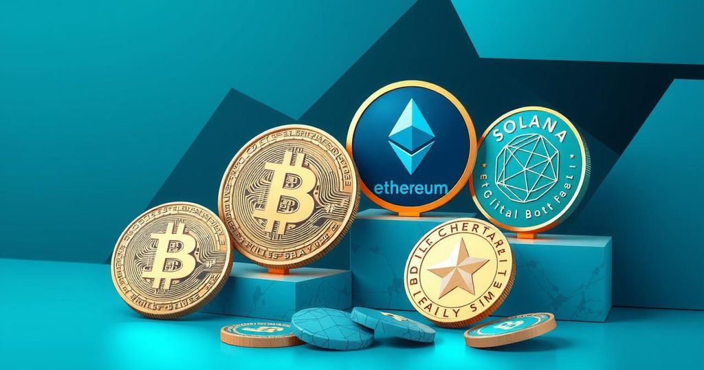 A dynamic digital treasury concept showcasing cryptocurrencies in a modern design with blue and green hues.