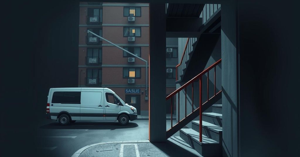 A digital illustration depicting a dramatic escape scene with a staircase, a van, and a sense of urgency.