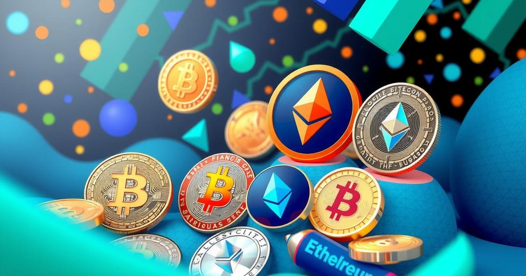 A digital art representation of cryptocurrencies with vibrant colours and abstract patterns, symbolising financial innovation.