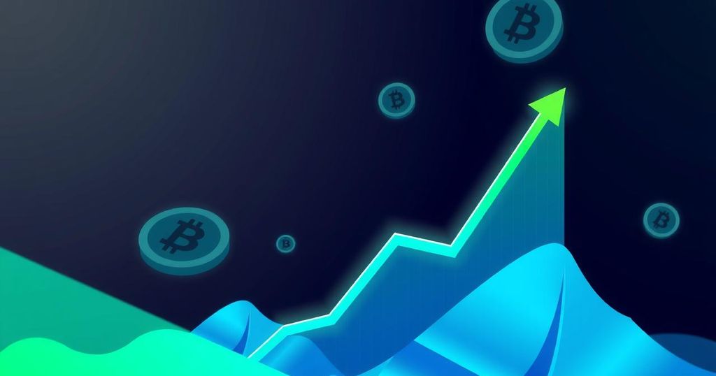A digital representation of a rising cryptocurrency trend line towards a significant resistance level, in vibrant colours.