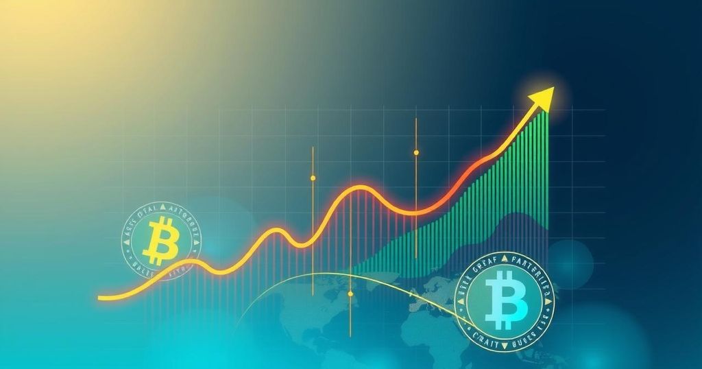 A digital illustration depicting a fluctuating Bitcoin chart with upward and downward arrows in green and red tones.